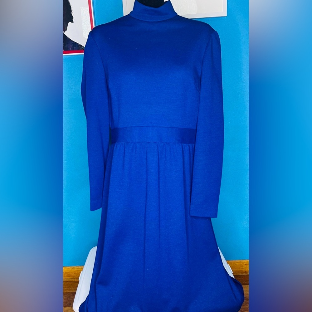 Vintage 1960's ADELE MARTIN Original KNIT WOOL DRESS Blue, Long Sleeve, Medium